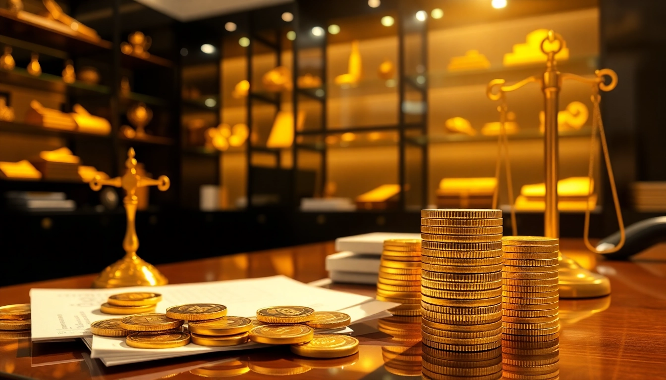 Valuta compro oro con dettagli brillanti in un ufficio sofisticato.
