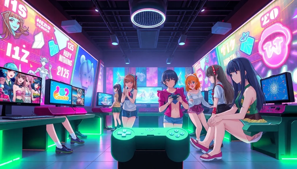 Engaging characters playing hentai game in a vibrant anime world.