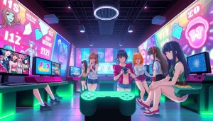 Engaging characters playing hentai game in a vibrant anime world.