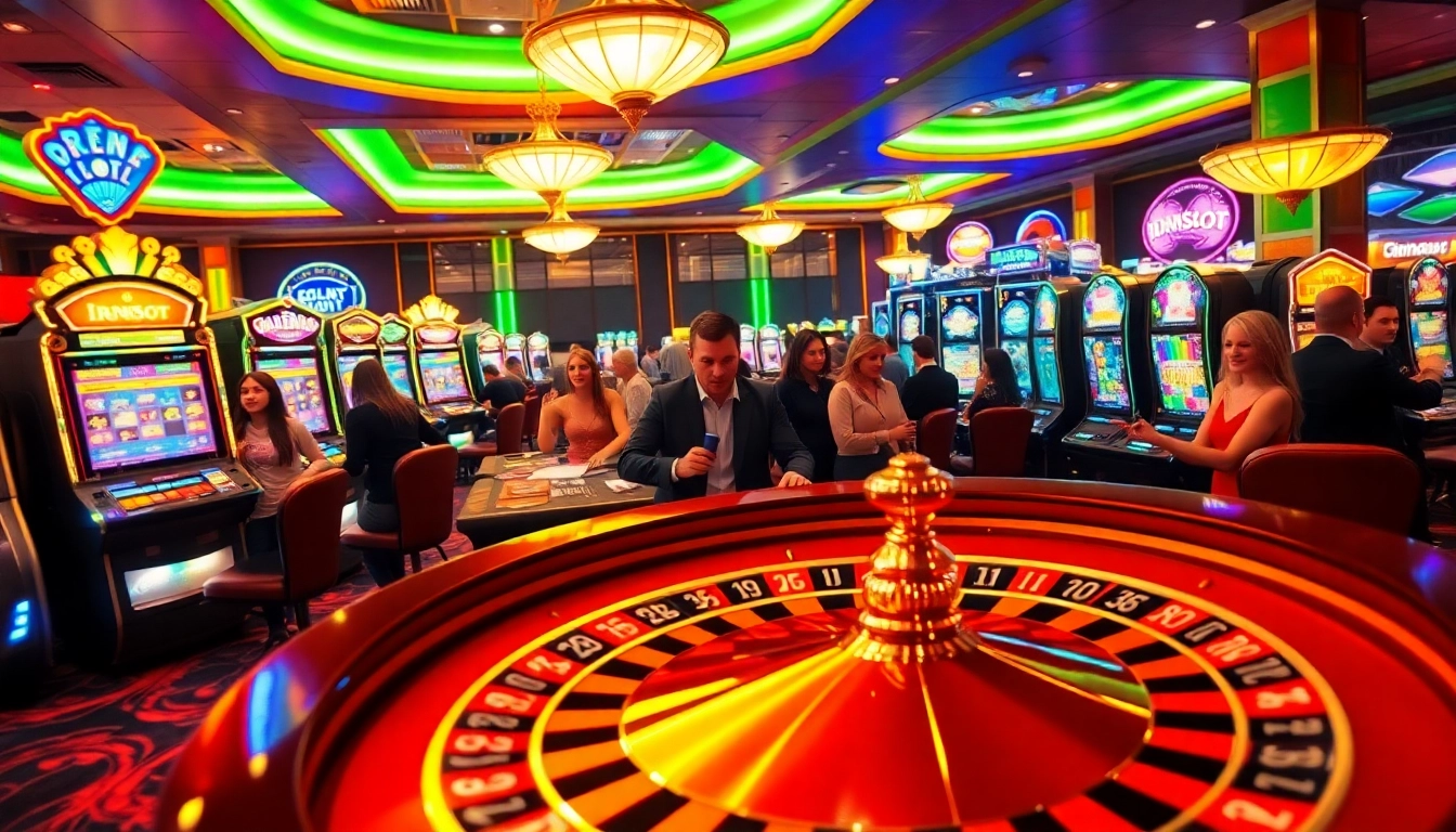 Experience the thrill of Idnslot gaming with vibrant slot machines and eager gamblers.