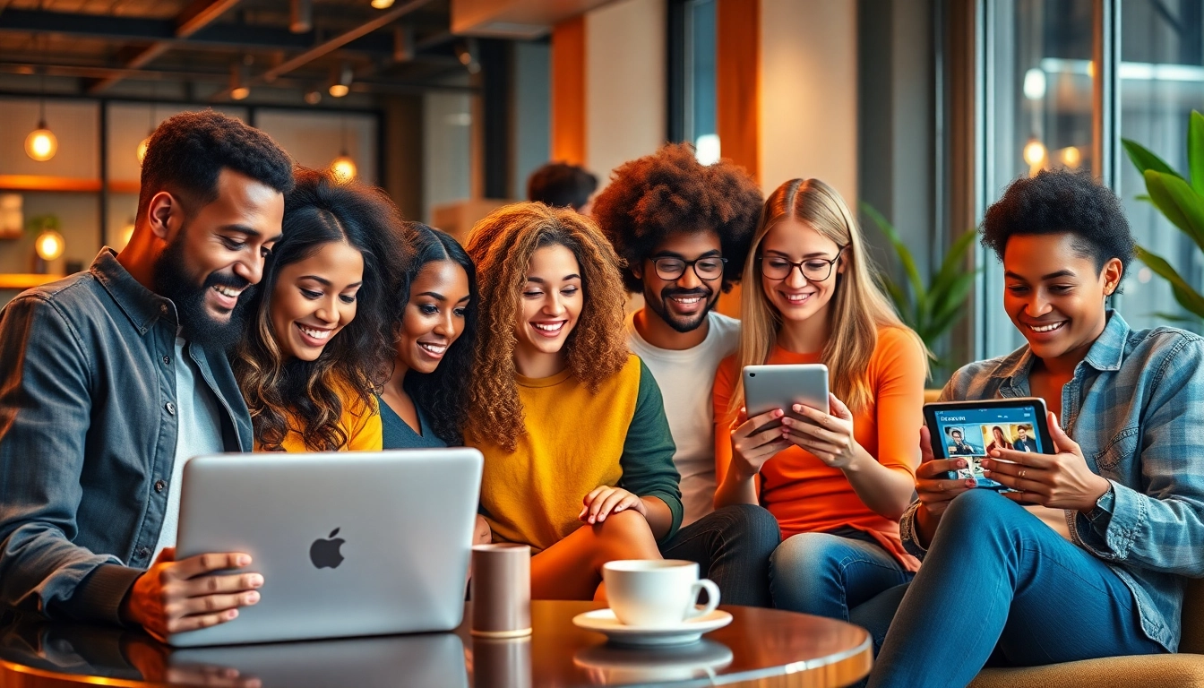 Find OnlyFans creators in a vibrant lounge setting with diverse users engaging on digital devices.