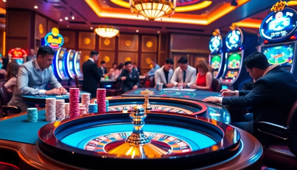 Players enjoying exciting games at bk8thai's luxurious casino, featuring vibrant roulette and poker tables.