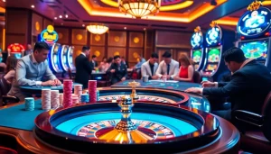 Players enjoying exciting games at bk8thai's luxurious casino, featuring vibrant roulette and poker tables.