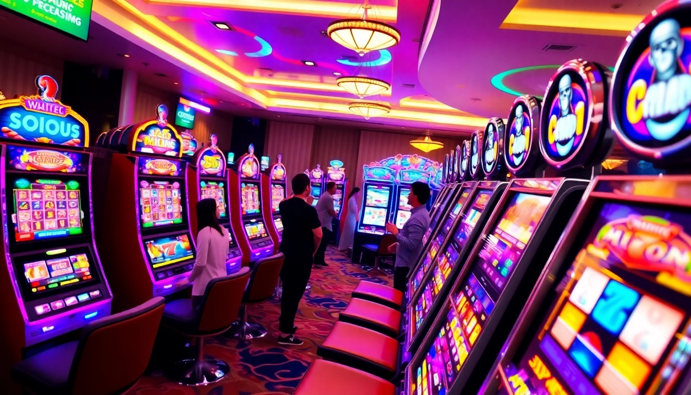 Menggambarkan pengalaman bermain slot depo 1k dengan mesin slot colorful dan pemain yang bersemangat.