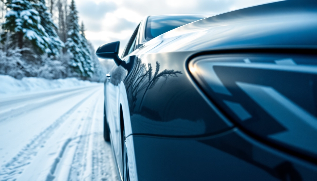 PPF winter road salt protection showcased on a car amidst snowy surroundings.