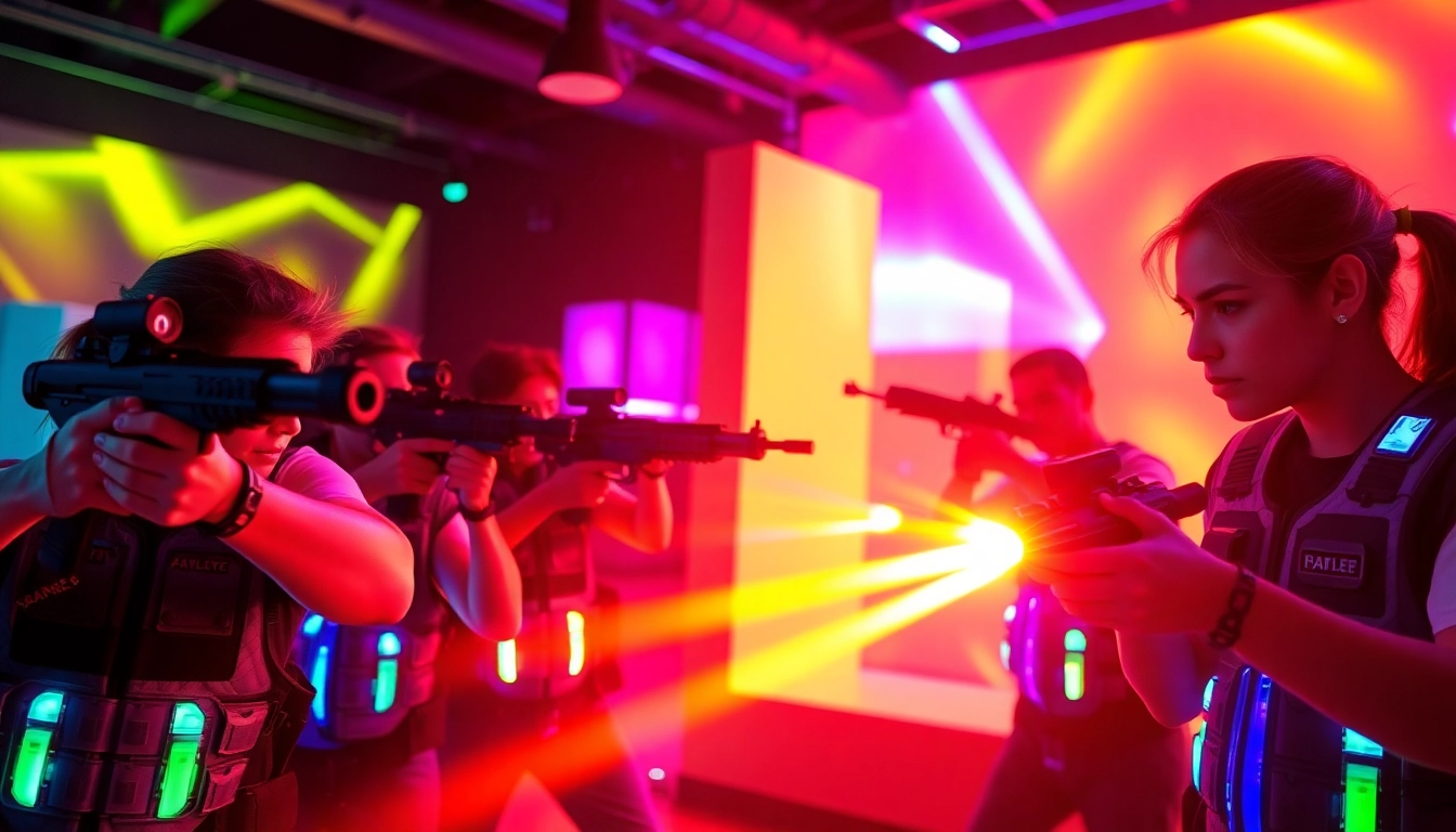 Players engaging in an exciting laser tag battle in a vividly colored setting.