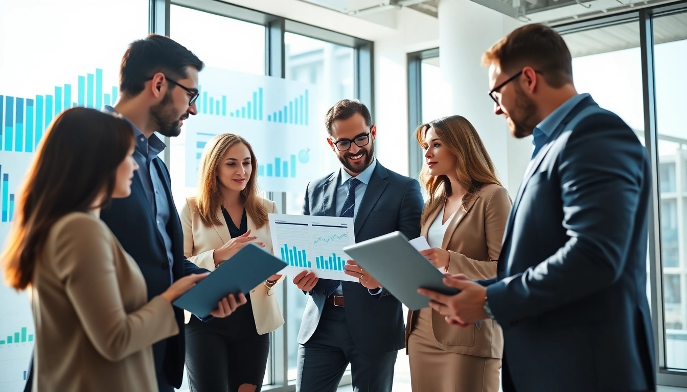 Engaged professionals discussing B2B sales jobs with high commission in a modern office.