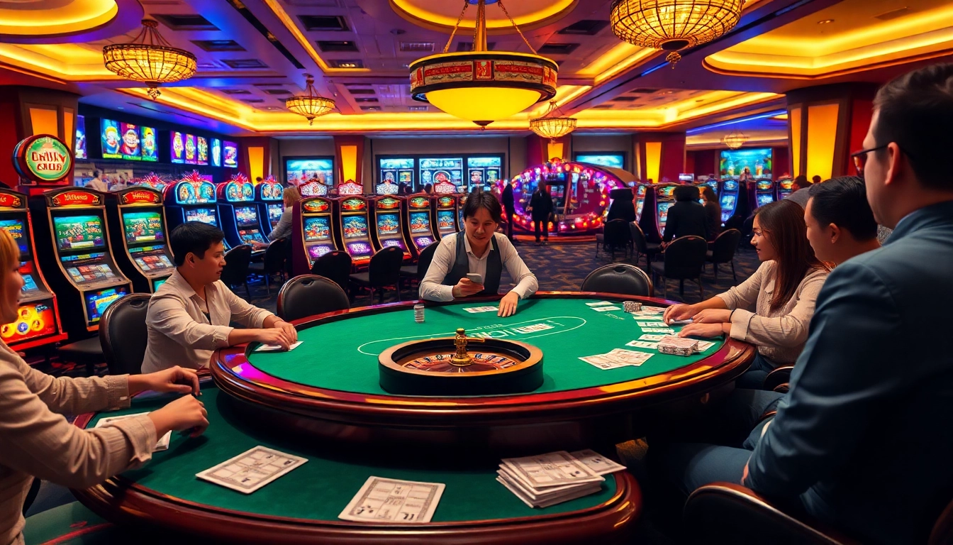 Engaging scene of an upscale casino showcasing nhà cái 98win with poker table action and vibrant slot machines.
