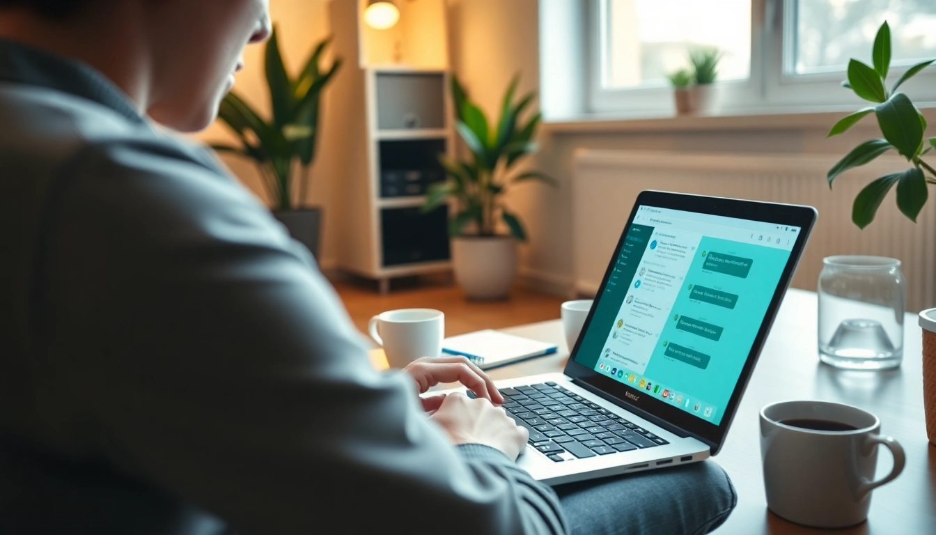 在舒适的家庭办公室中，用户正在使用笔记本电脑上的 WhatsApp Web 进行互动。