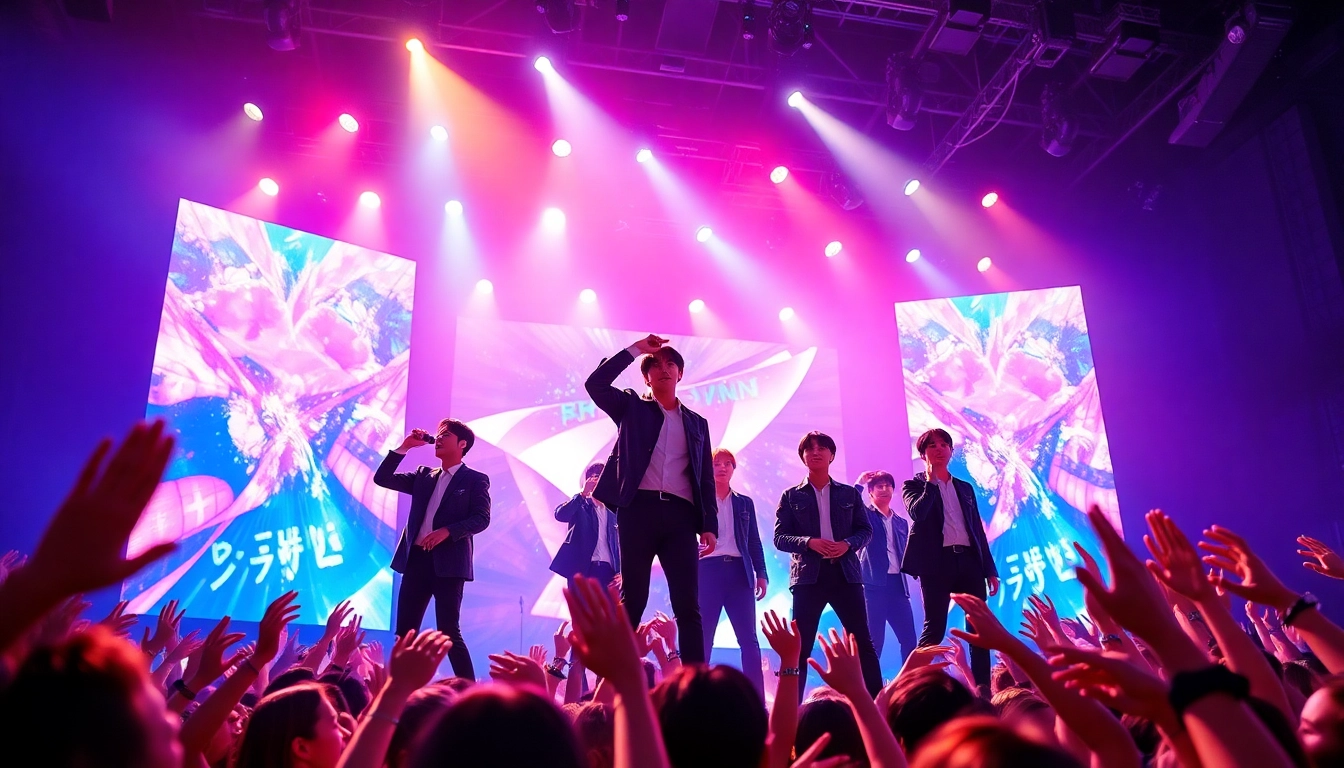 BTS news updates highlighting the group's vibrant concert performance with fans cheering.