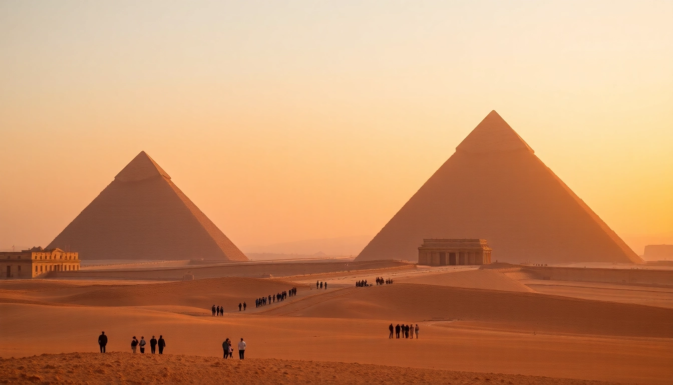 Visitors admiring the majestic piraminds of Giza under a vibrant sunset.