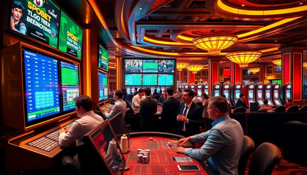 sbobet betting action in a luxurious casino environment with enthusiastic players and digital odds