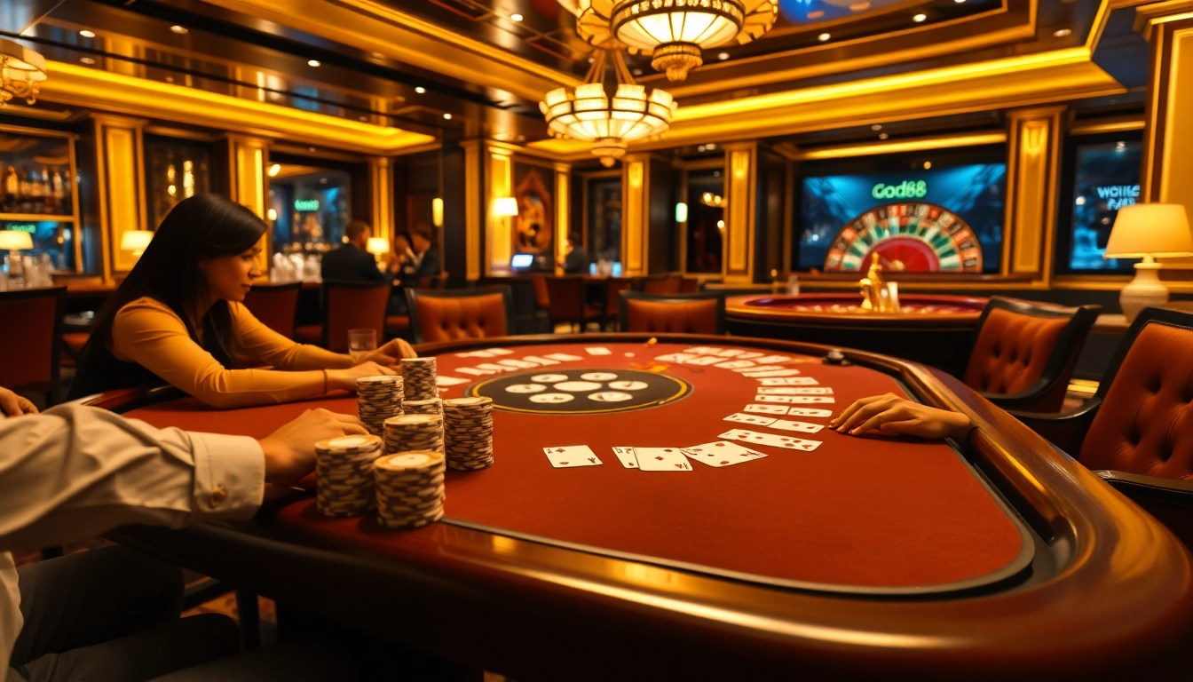 Players at the good88 poker table showcasing tense moments with high stakes chips.