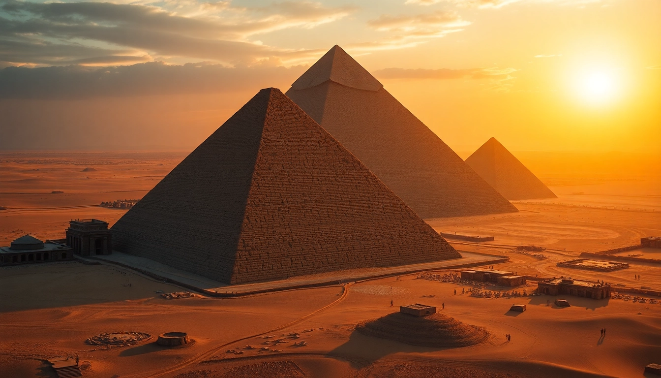 Explore the stunning piraminds of Egypt under a captivating sunset, showcasing the Great Pyramid's grandeur.