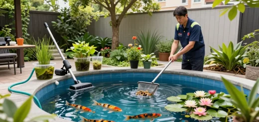 Pond Clean London service professional maintaining a backyard koi pond with tools and lush garden surroundings.