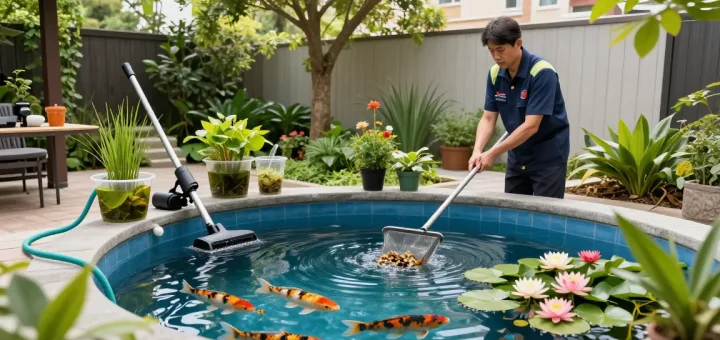 Pond Clean London service professional maintaining a backyard koi pond with tools and lush garden surroundings.