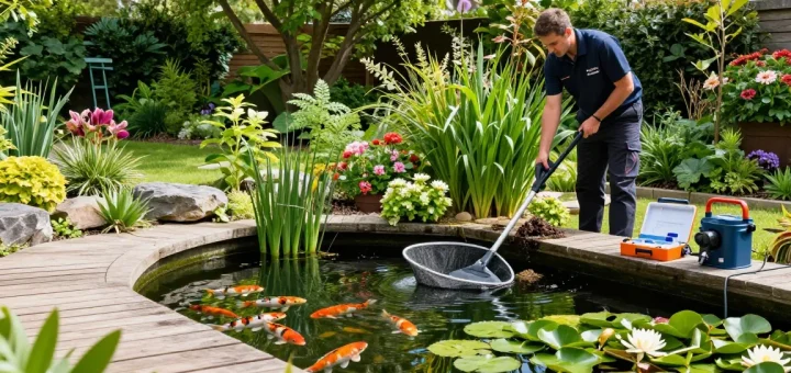Pond Clean London: Professional maintaining a vibrant backyard pond in a serene London garden.