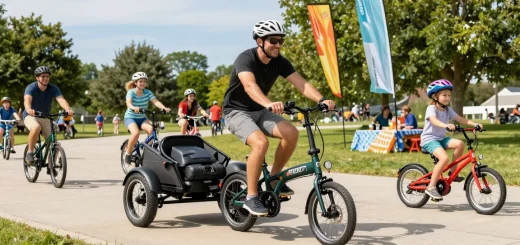 Happy riders showcasing the best electric tricycles in a vibrant park setting, emphasizing joy and family fun.