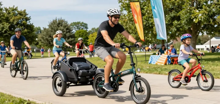 Happy riders showcasing the best electric tricycles in a vibrant park setting, emphasizing joy and family fun.