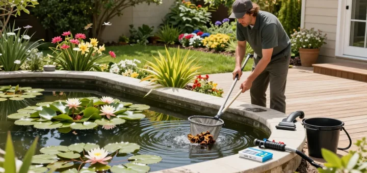 Pond Cleaning Essex expert using a net to clean a vibrant residential pond surrounded by aquatic plants and a sunlit garden.