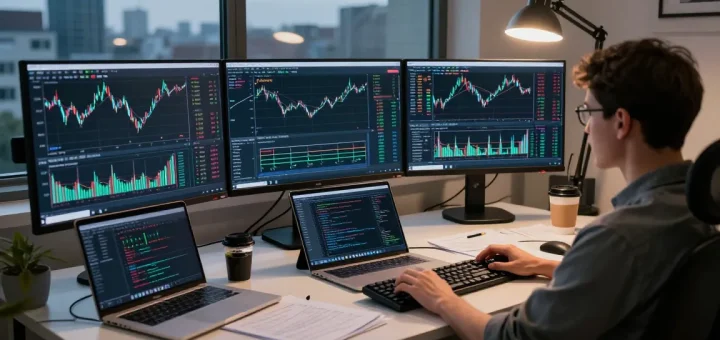 Real-time analysis on MetaTrader 5 platform with multiple monitors displaying market charts and trading signals.