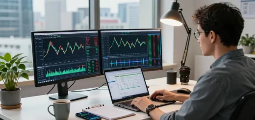 Trader analyzing mt4 forex charts in a modern workspace.