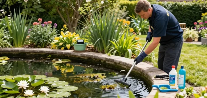 Pond cleaning Essex: technician removing debris and algae in a serene garden pond setup.