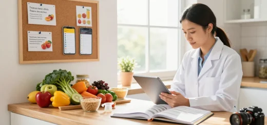 Nutritionist demonstrating the best food tracker with fresh ingredients and meal planning tools in a bright kitchen.